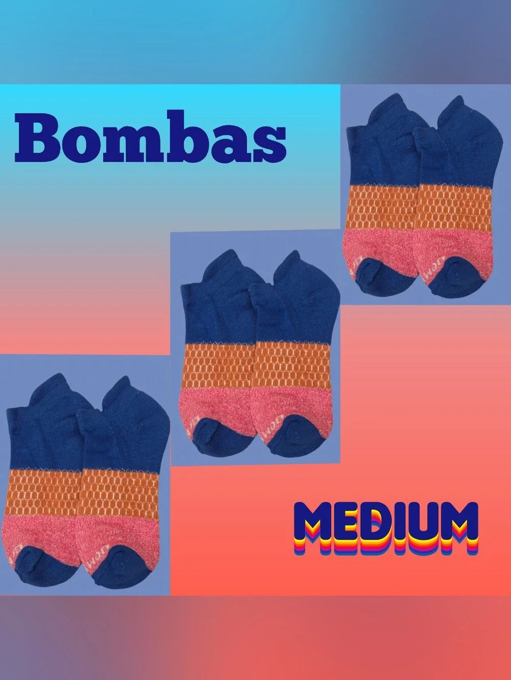 Bombas Medium Ankle Socks Blue Red 3 Pair BNWT Unisex Honeycomb Arch Support